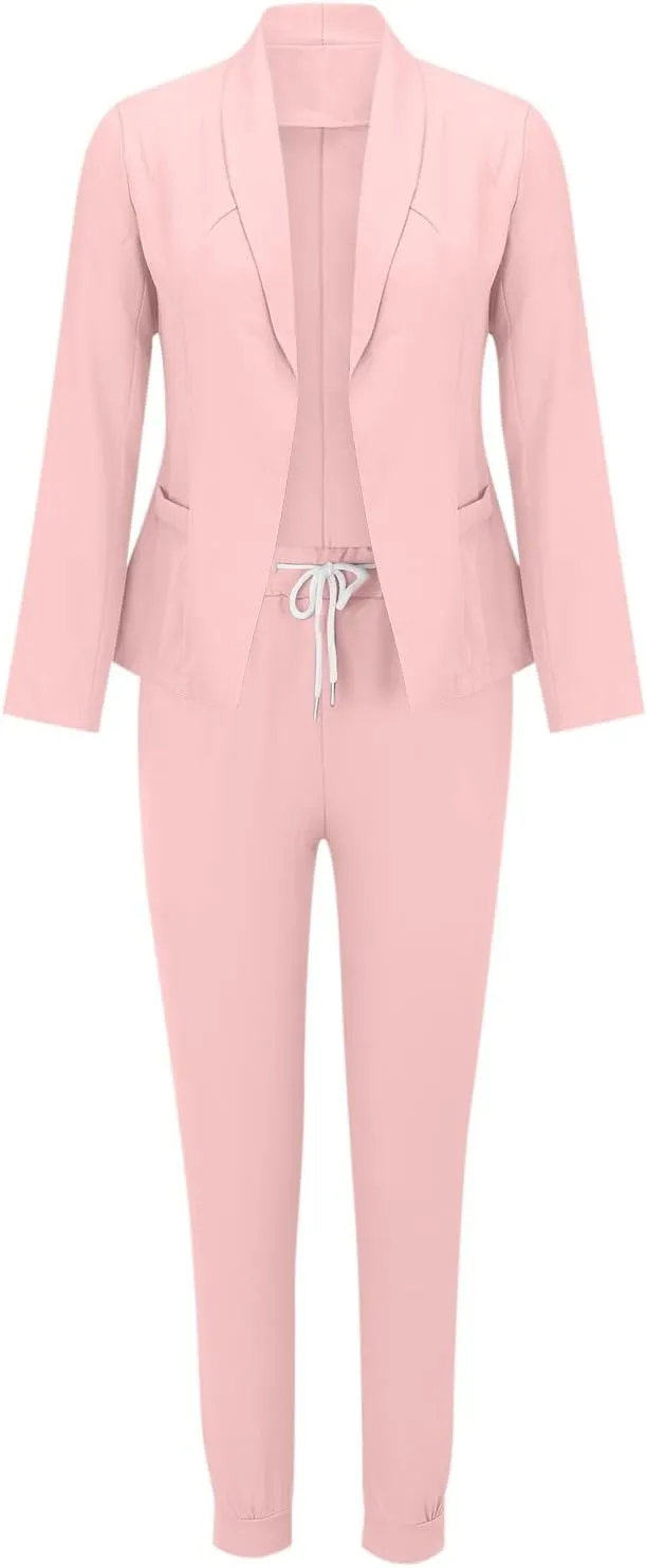 Business Casual Outfits for Women 2 Piece Suit Sets Long Sleeve Open Front Blazers & Office Drawstring Dress Pants