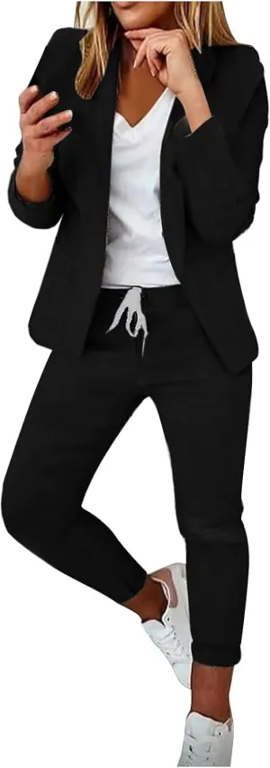 Business Casual Outfits for Women 2 Piece Suit Sets Long Sleeve Open Front Blazers & Office Drawstring Dress Pants