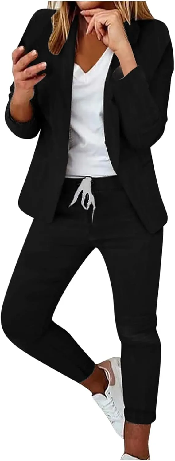 Business Casual Outfits for Women 2 Piece Suit Sets Long Sleeve Open Front Blazers & Office Drawstring Dress Pants