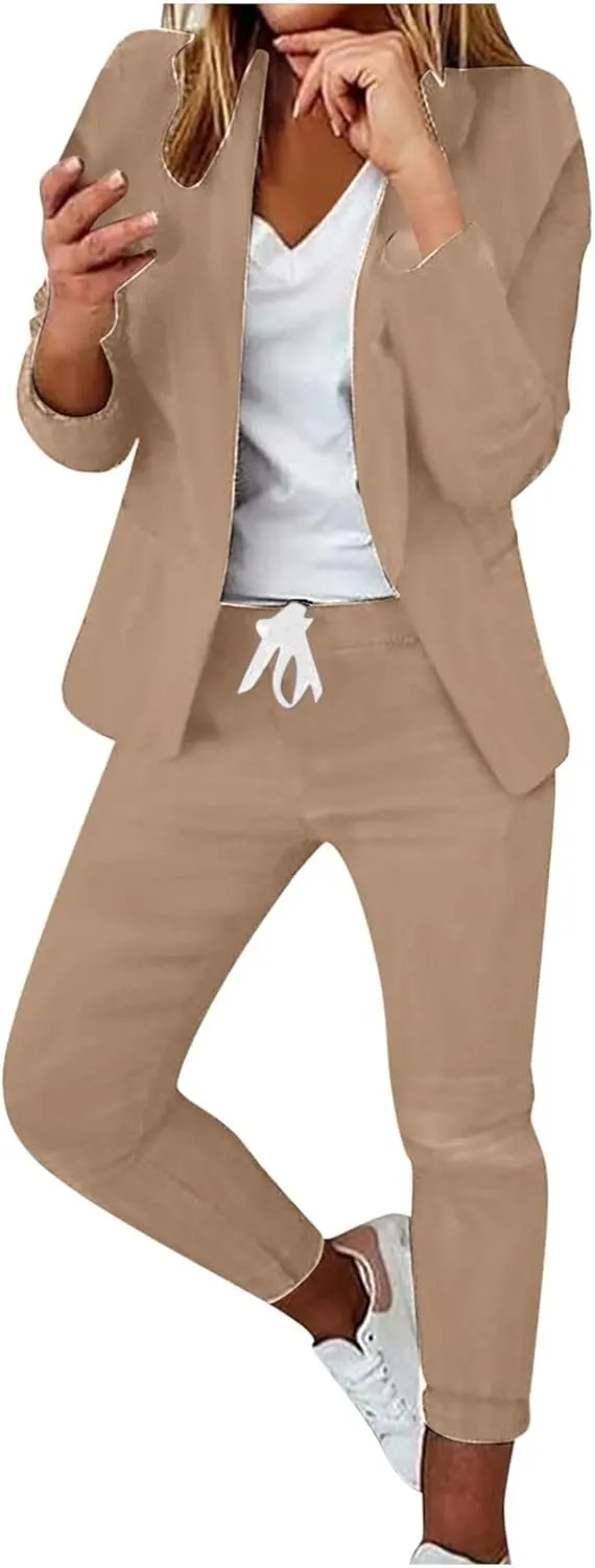 Business Casual Outfits for Women 2 Piece Suit Sets Long Sleeve Open Front Blazers & Office Drawstring Dress Pants