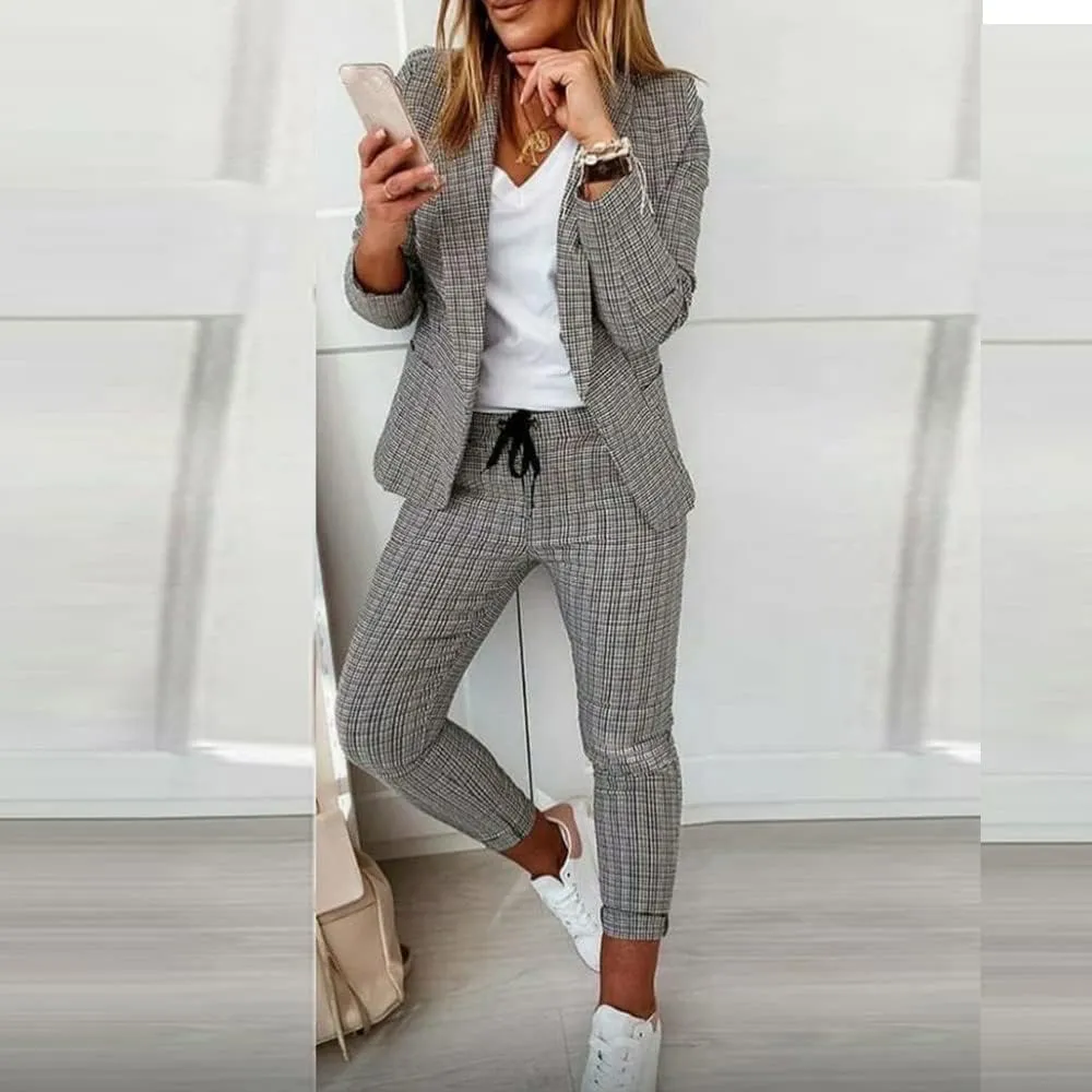 Business Casual Outfits for Women 2 Piece Suit Sets Long Sleeve Open Front Blazers & Office Drawstring Dress Pants