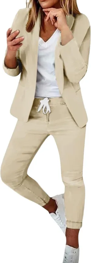 Business Casual Outfits for Women 2 Piece Suit Sets Long Sleeve Open Front Blazers & Office Drawstring Dress Pants