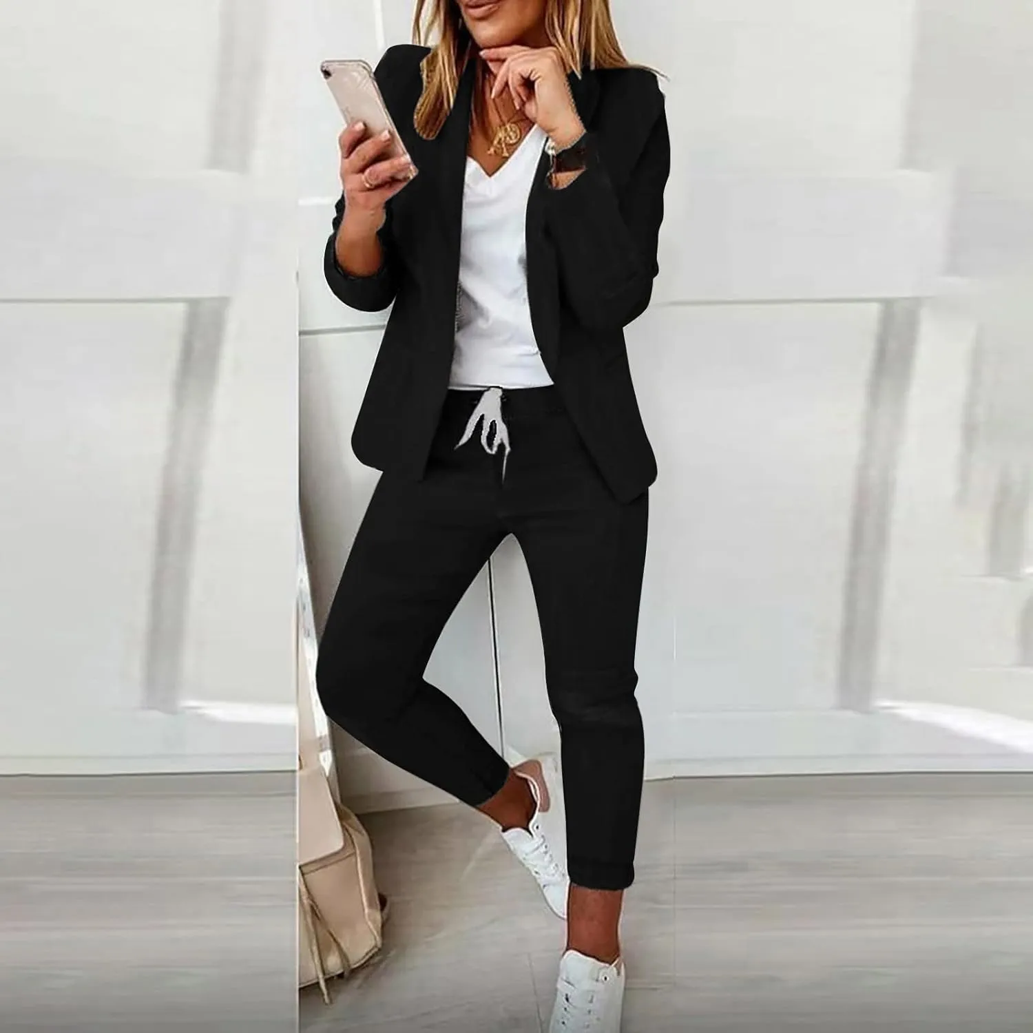 Business Casual Outfits for Women 2 Piece Suit Sets Long Sleeve Open Front Blazers & Office Drawstring Dress Pants