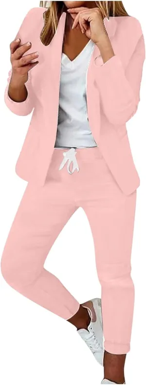 Business Casual Outfits for Women 2 Piece Suit Sets Long Sleeve Open Front Blazers & Office Drawstring Dress Pants