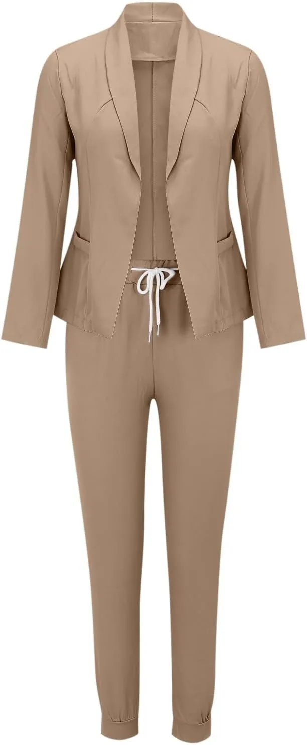 Business Casual Outfits for Women 2 Piece Suit Sets Long Sleeve Open Front Blazers & Office Drawstring Dress Pants