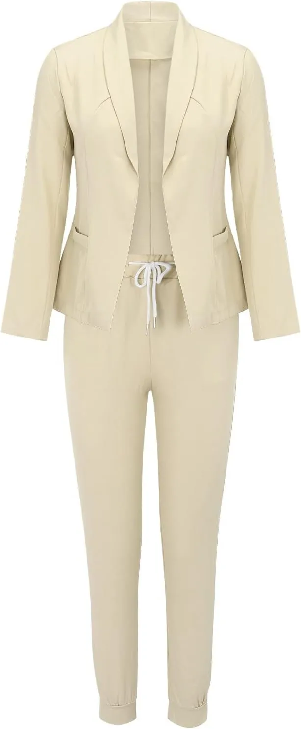 Business Casual Outfits for Women 2 Piece Suit Sets Long Sleeve Open Front Blazers & Office Drawstring Dress Pants
