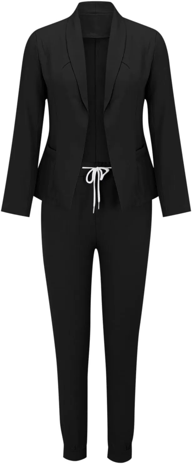 Business Casual Outfits for Women 2 Piece Suit Sets Long Sleeve Open Front Blazers & Office Drawstring Dress Pants