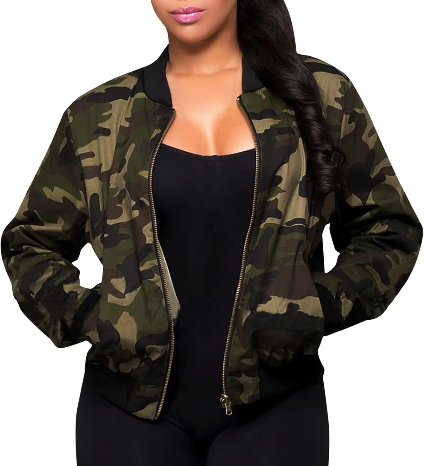 Camo Jackets for Women Full Zip Lightweight Long Sleeve Plus Size Bomber Jackets Trendy 2024 Casual Tops with Pockets