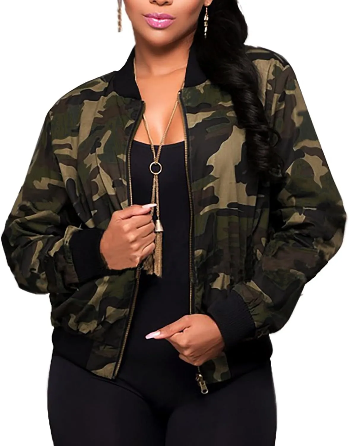 Camo Jackets for Women Full Zip Lightweight Long Sleeve Plus Size Bomber Jackets Trendy 2024 Casual Tops with Pockets