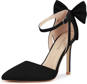 Carcuume Womens Bow Tie Back Heels Close Toe Pumps Stiletto High Heels Wedding Shoes Ankle Strap Heel Sandals