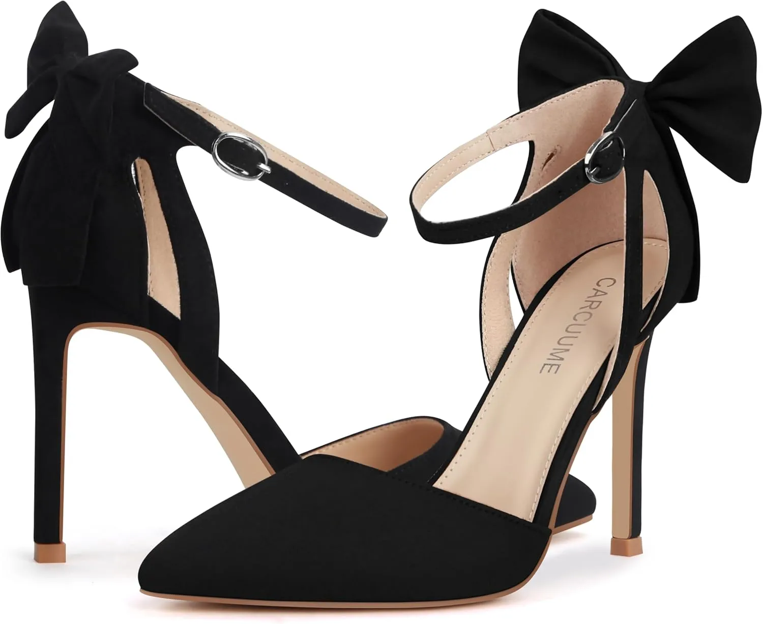 Carcuume Womens Bow Tie Back Heels Close Toe Pumps Stiletto High Heels Wedding Shoes Ankle Strap Heel Sandals