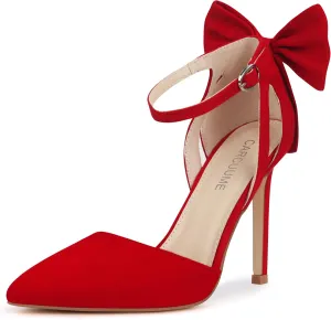 Carcuume Womens Bow Tie Back Heels Close Toe Pumps Stiletto High Heels Wedding Shoes Ankle Strap Heel Sandals