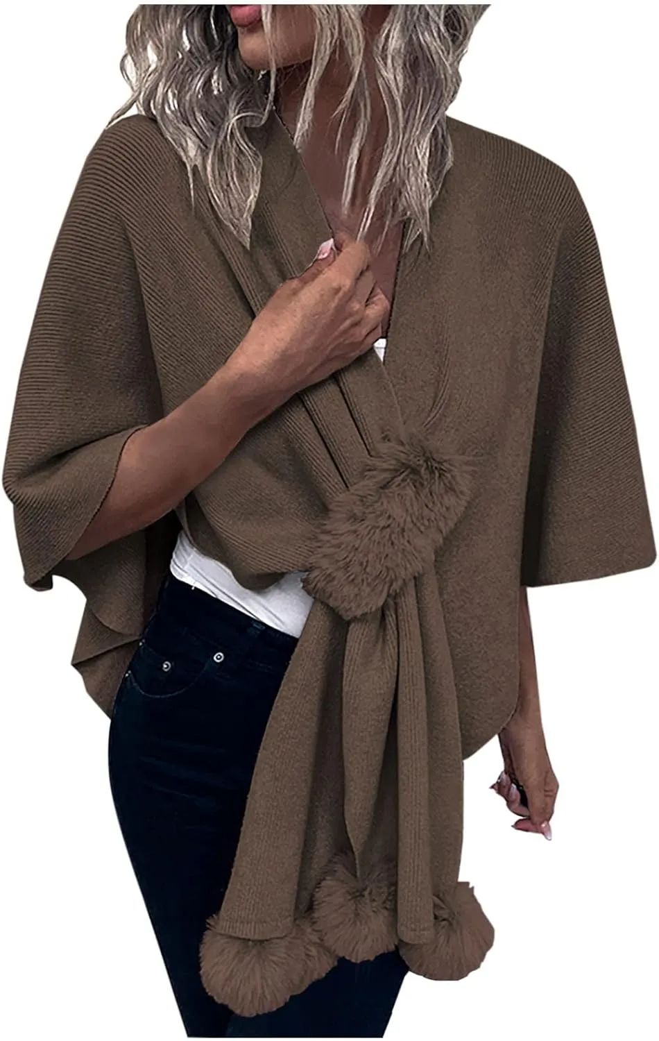 Cardigan for Women Winter Cloak Shawl Wraps Faux Fur Pompoms Irregular Hem Cape Warm Open Front Knit Sweater Shawls