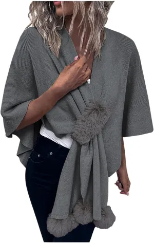 Cardigan for Women Winter Cloak Shawl Wraps Faux Fur Pompoms Irregular Hem Cape Warm Open Front Knit Sweater Shawls