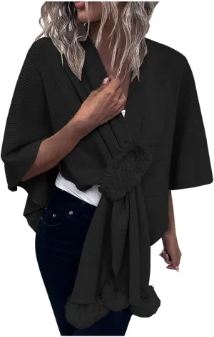 Cardigan for Women Winter Cloak Shawl Wraps Faux Fur Pompoms Irregular Hem Cape Warm Open Front Knit Sweater Shawls
