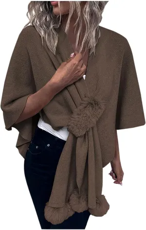 Cardigan for Women Winter Cloak Shawl Wraps Faux Fur Pompoms Irregular Hem Cape Warm Open Front Knit Sweater Shawls