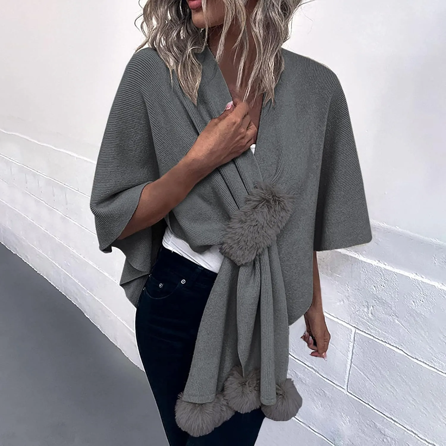 Cardigan for Women Winter Cloak Shawl Wraps Faux Fur Pompoms Irregular Hem Cape Warm Open Front Knit Sweater Shawls
