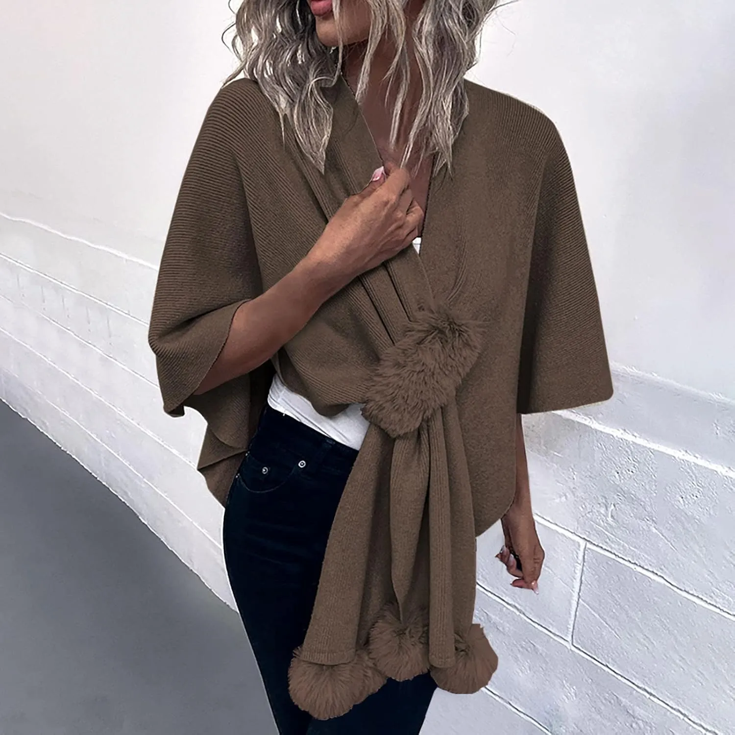 Cardigan for Women Winter Cloak Shawl Wraps Faux Fur Pompoms Irregular Hem Cape Warm Open Front Knit Sweater Shawls