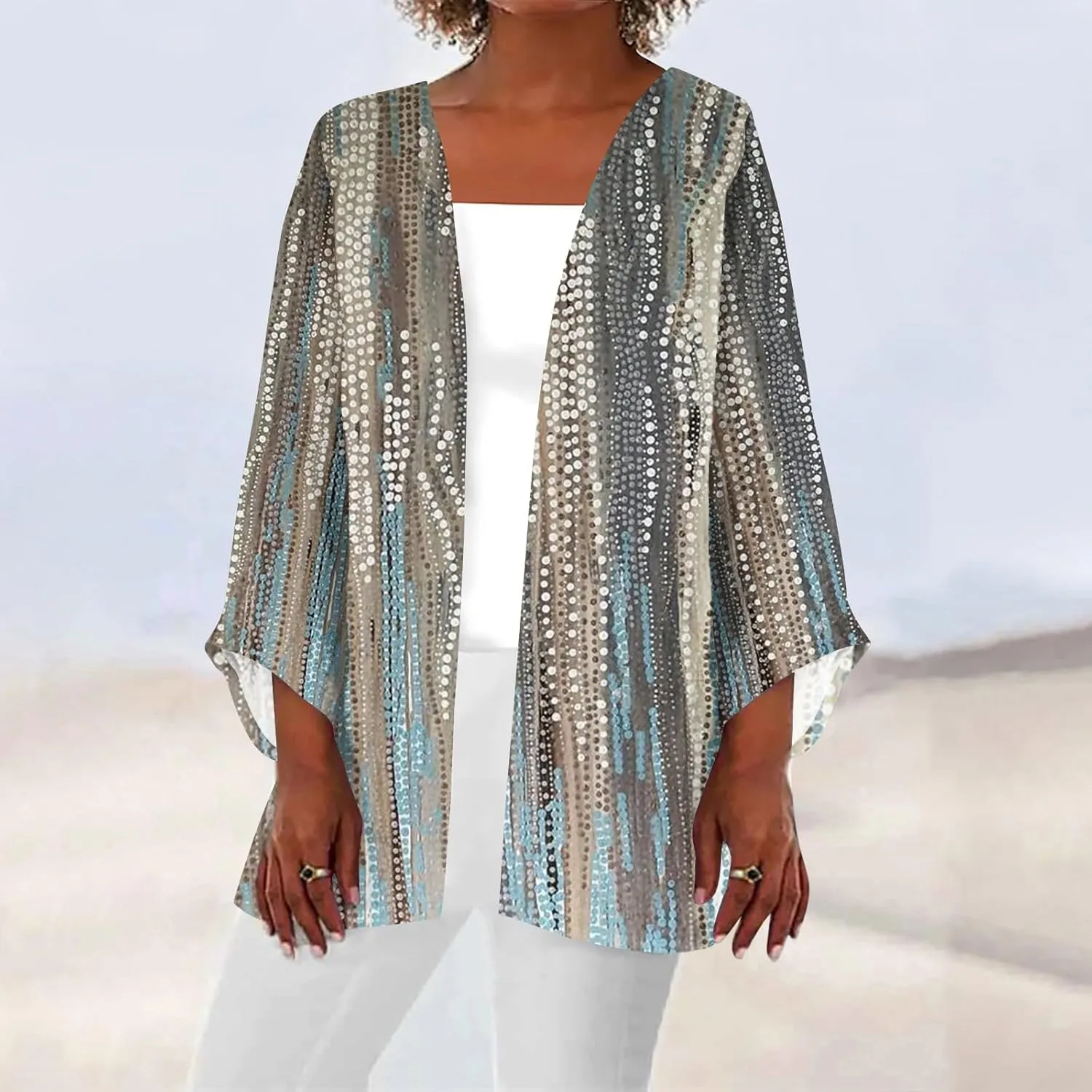 Cardigans for Women 2025 Retro Print 3/4 Sleeve Cardigans Lightweight Blouse Tops Coat Casual Duster Jackets