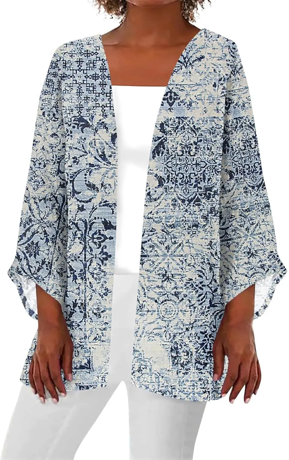 Cardigans for Women 2025 Retro Print 3/4 Sleeve Cardigans Lightweight Blouse Tops Coat Casual Duster Jackets