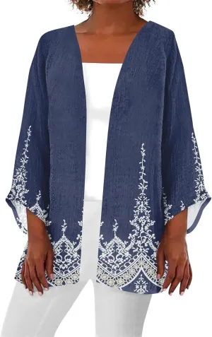Cardigans for Women 2025 Retro Print 3/4 Sleeve Cardigans Lightweight Blouse Tops Coat Casual Duster Jackets