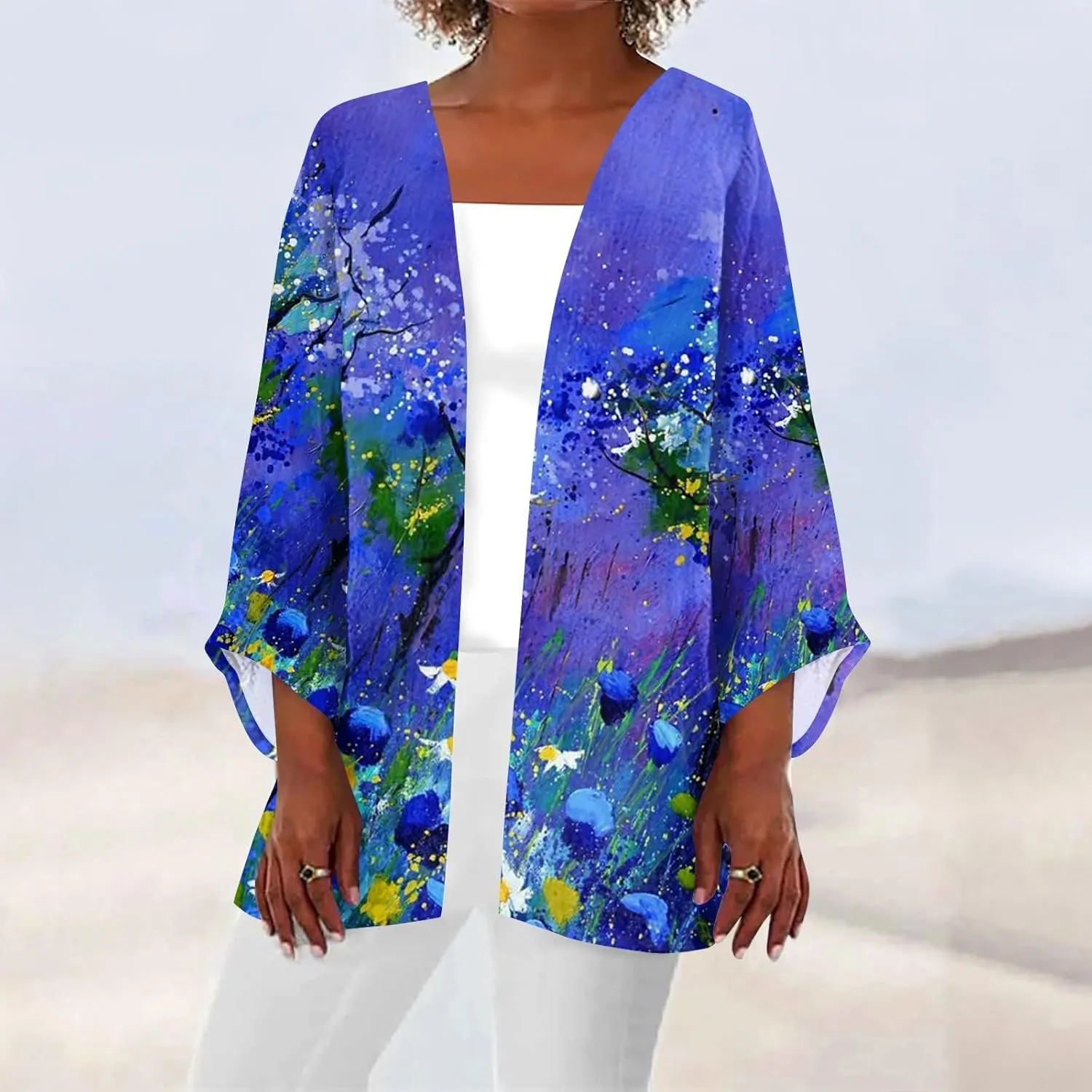Cardigans for Women 2025 Retro Print 3/4 Sleeve Cardigans Lightweight Blouse Tops Coat Casual Duster Jackets