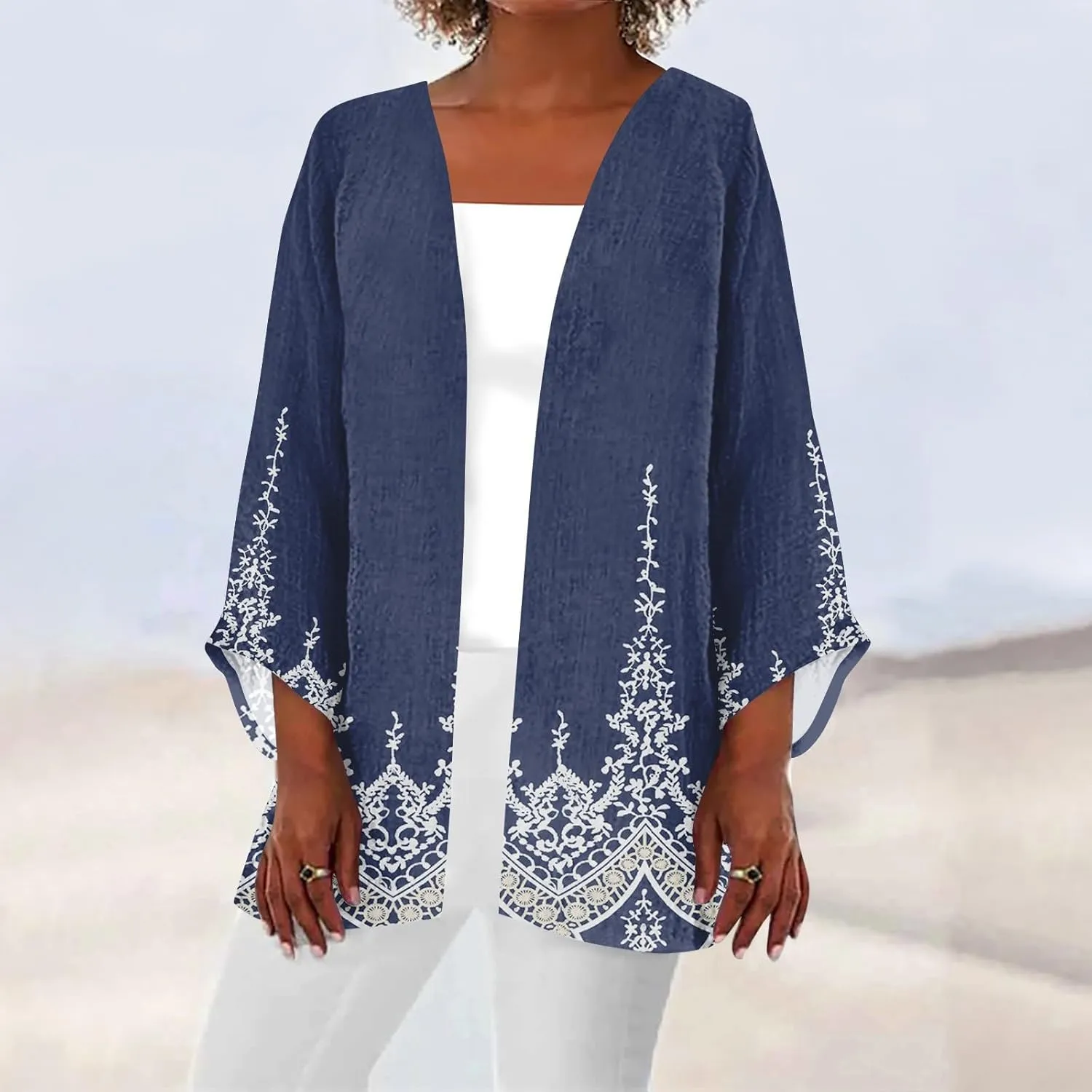 Cardigans for Women 2025 Retro Print 3/4 Sleeve Cardigans Lightweight Blouse Tops Coat Casual Duster Jackets