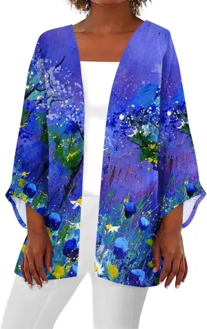 Cardigans for Women 2025 Retro Print 3/4 Sleeve Cardigans Lightweight Blouse Tops Coat Casual Duster Jackets