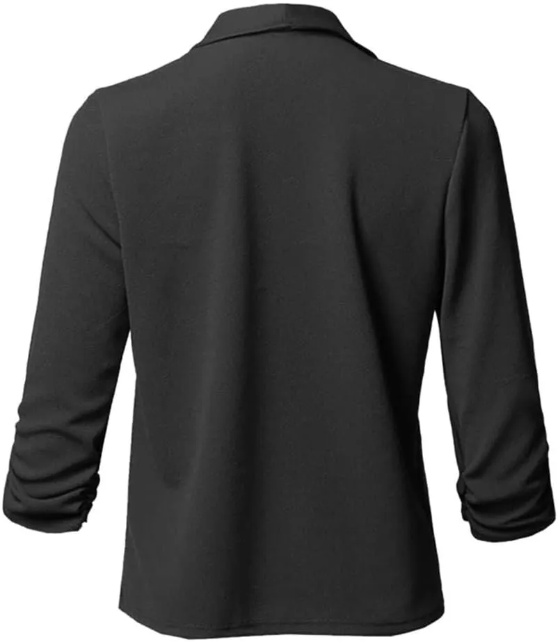 Casual Blazers for Women Open Front Cardigan 3/4 Gathered Sleeve Office Work Jacket Cropped Lightweight Lapel Coat