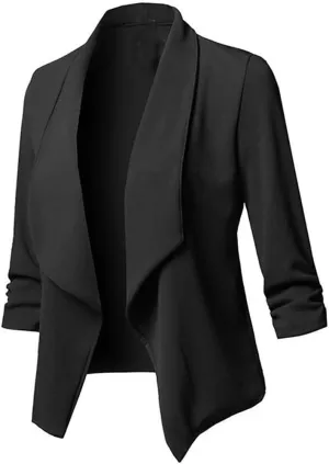 Casual Blazers for Women Open Front Cardigan 3/4 Gathered Sleeve Office Work Jacket Cropped Lightweight Lapel Coat