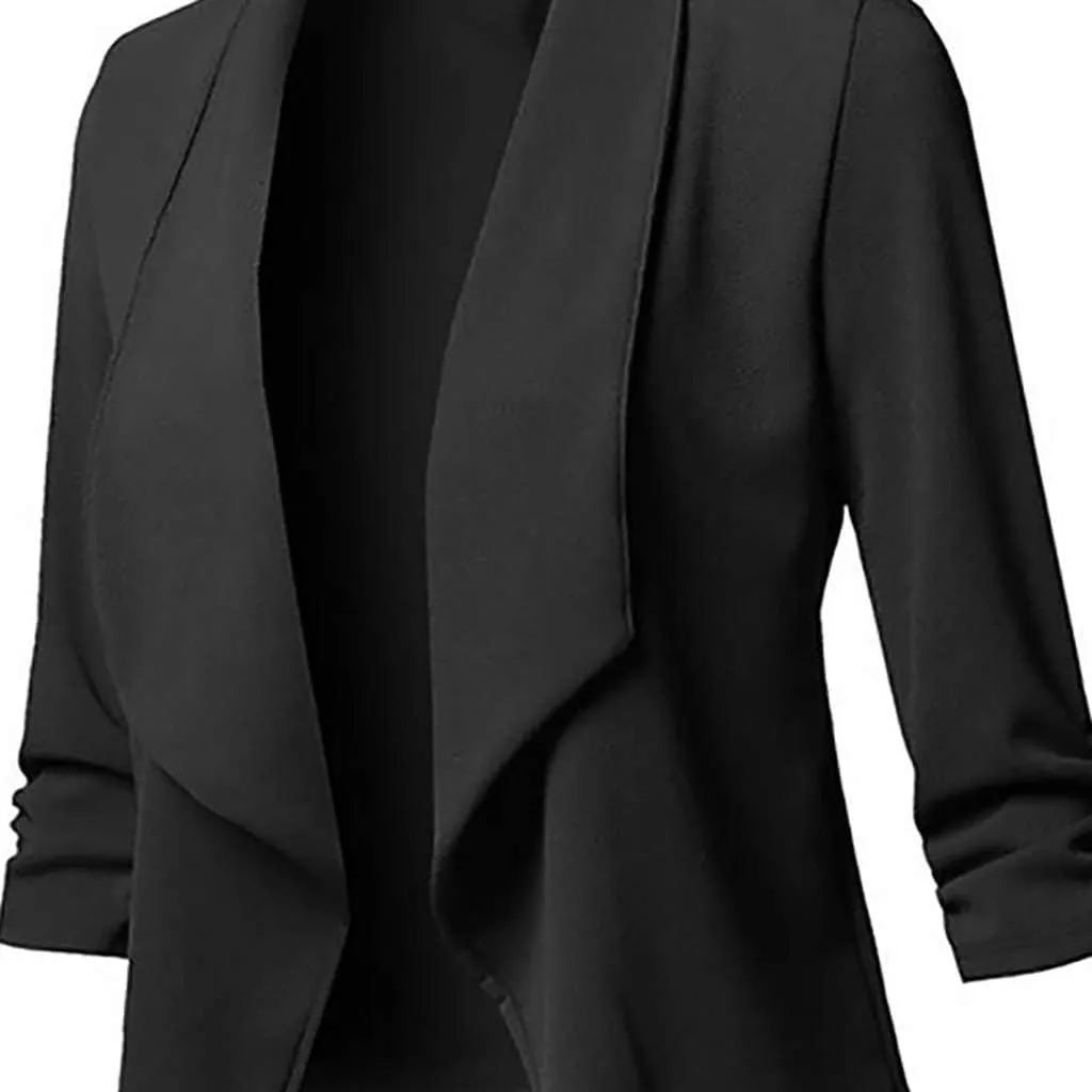 Casual Blazers for Women Open Front Cardigan 3/4 Gathered Sleeve Office Work Jacket Cropped Lightweight Lapel Coat