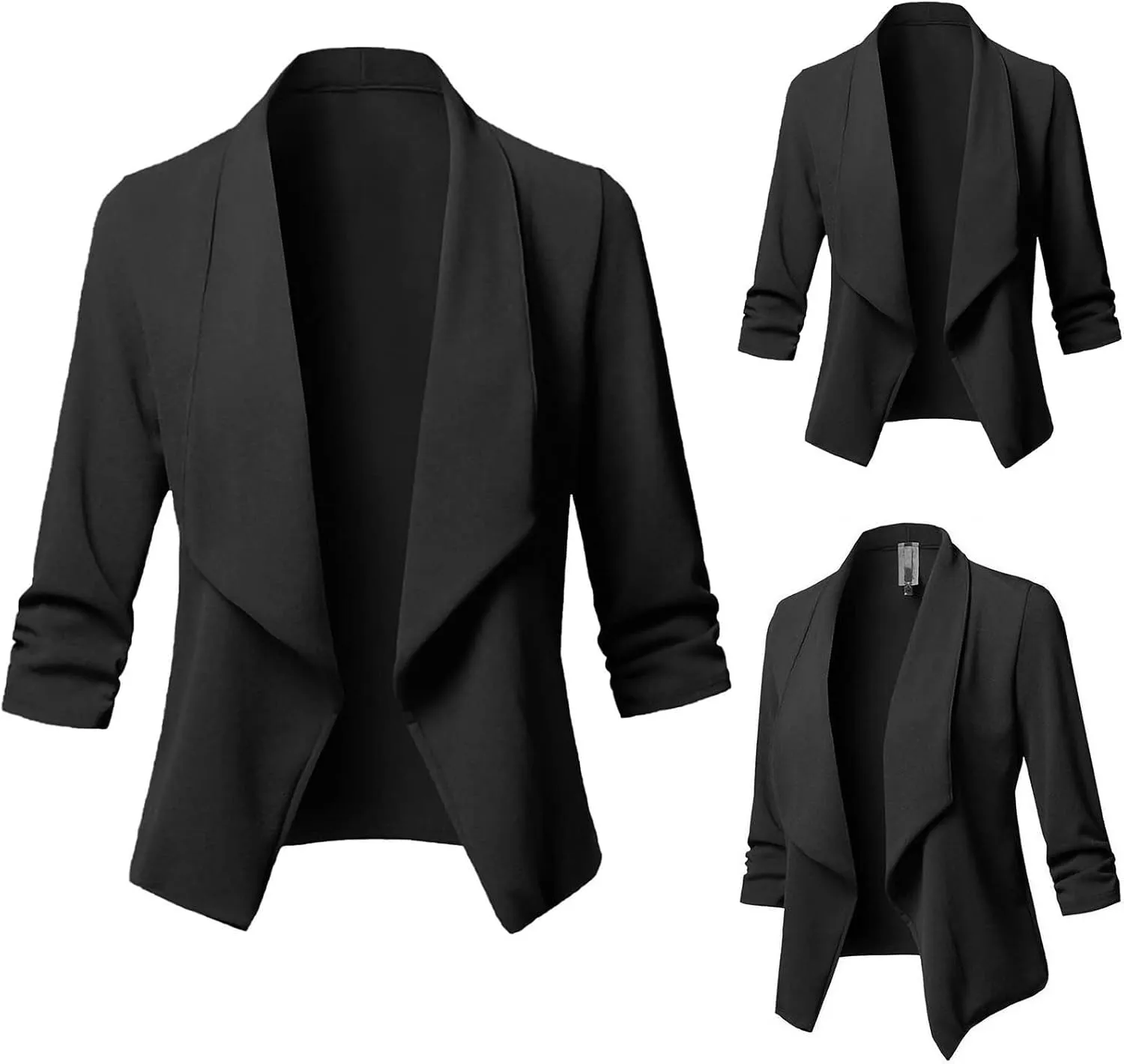 Casual Blazers for Women Open Front Cardigan 3/4 Gathered Sleeve Office Work Jacket Cropped Lightweight Lapel Coat