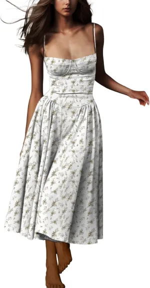 Casual Summer Dresses for Women Spaghetti Strap Midi Dresses Low Cut Bustier Dress with Pockets