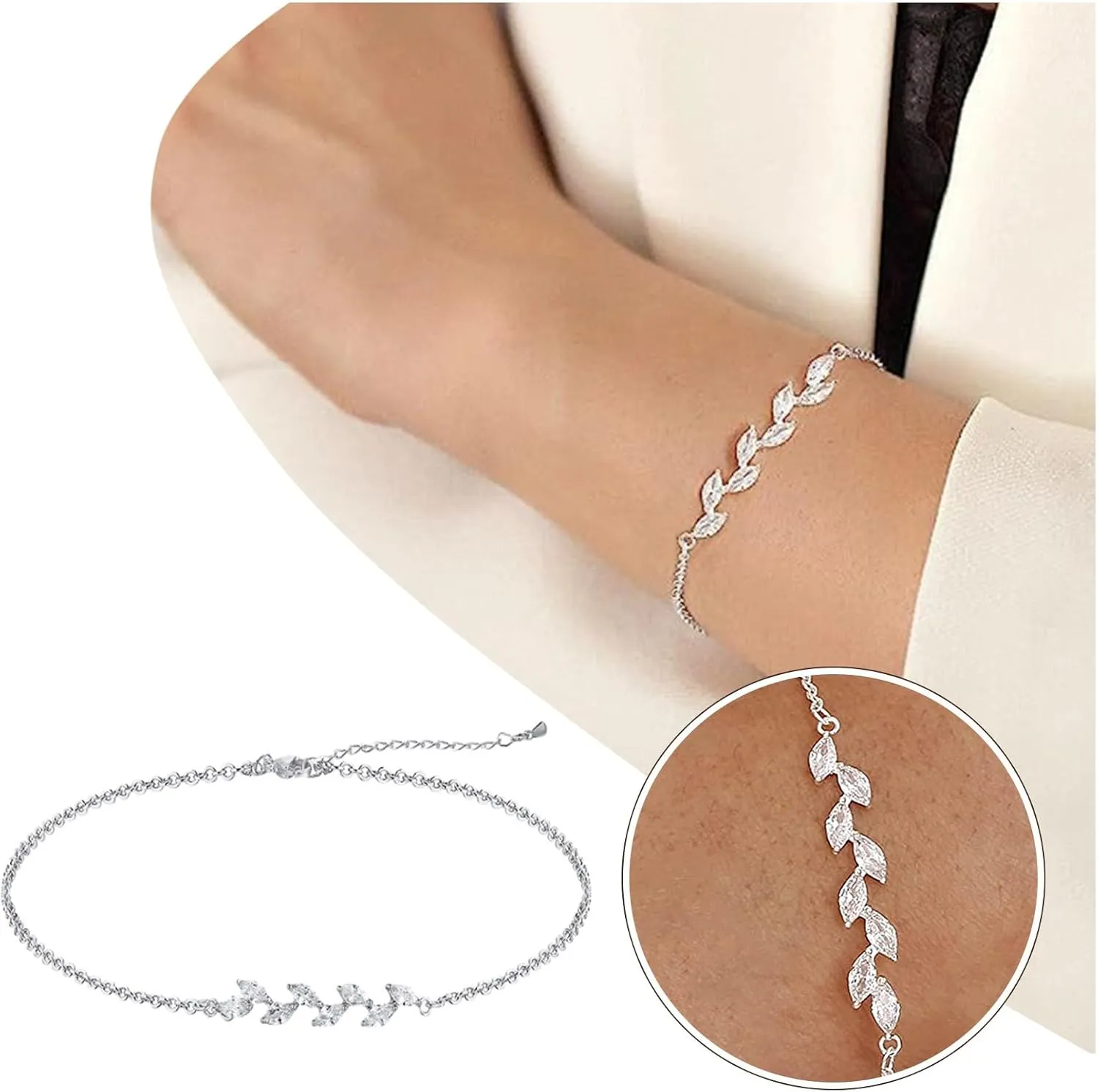 Chain Bracelets for Teen Girls Women ASCOMY Dainty Bracelets For Women Plated Tiny Cubic Zirconia Leaf Dot Chain Bracelets Minimalist Personalized Adjustable Bangle- Link and Italian Jewelry Gifts