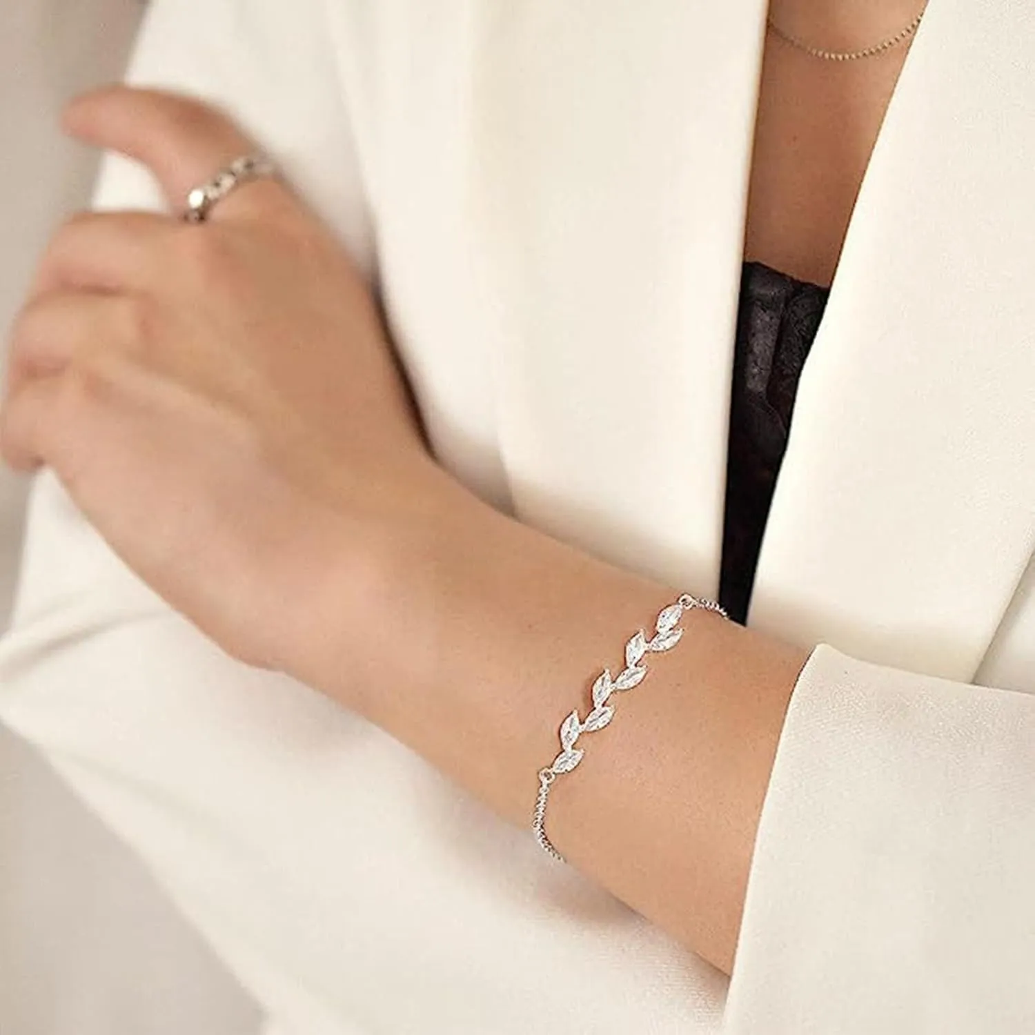 Chain Bracelets for Teen Girls Women ASCOMY Dainty Bracelets For Women Plated Tiny Cubic Zirconia Leaf Dot Chain Bracelets Minimalist Personalized Adjustable Bangle- Link and Italian Jewelry Gifts