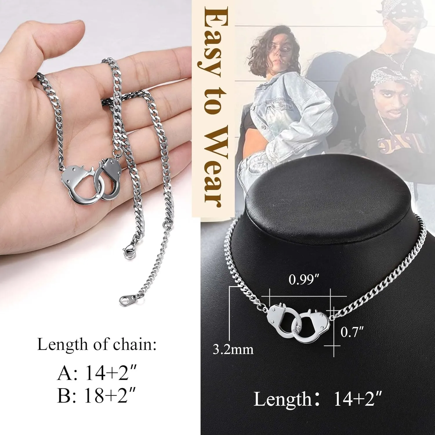 ChainsProMax Handcuff Necklace for Men Stainless Steel Punk Padlock Pendant,Silver/Gold/Black Cuban Link Chain 7.5/14/18inch Interlocking Rocker Chains Jewelry for Mens and Women