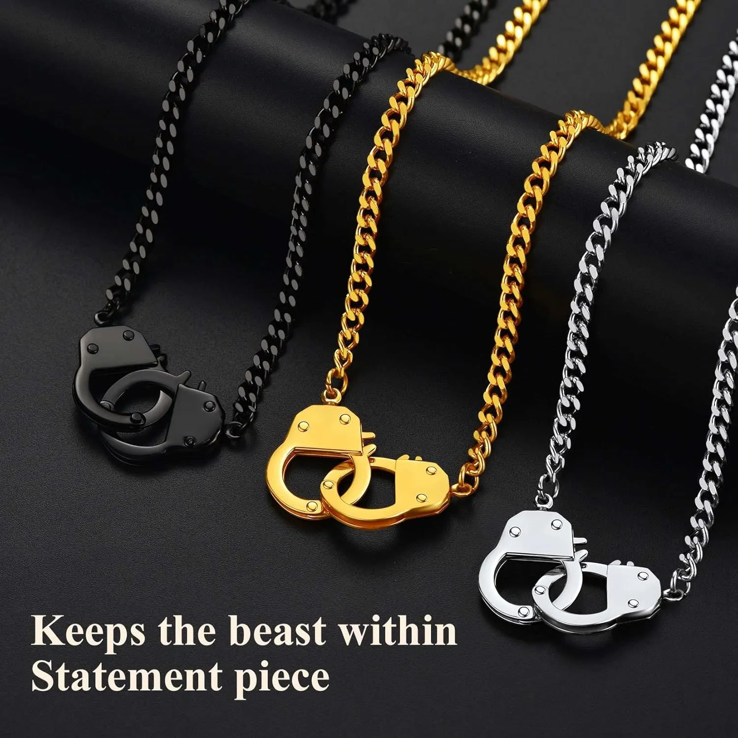 ChainsProMax Handcuff Necklace for Men Stainless Steel Punk Padlock Pendant,Silver/Gold/Black Cuban Link Chain 7.5/14/18inch Interlocking Rocker Chains Jewelry for Mens and Women