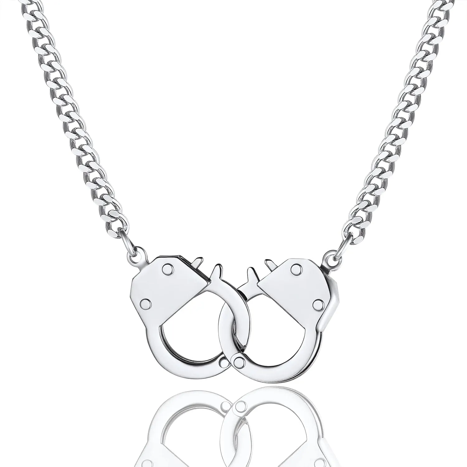 ChainsProMax Handcuff Necklace for Men Stainless Steel Punk Padlock Pendant,Silver/Gold/Black Cuban Link Chain 7.5/14/18inch Interlocking Rocker Chains Jewelry for Mens and Women