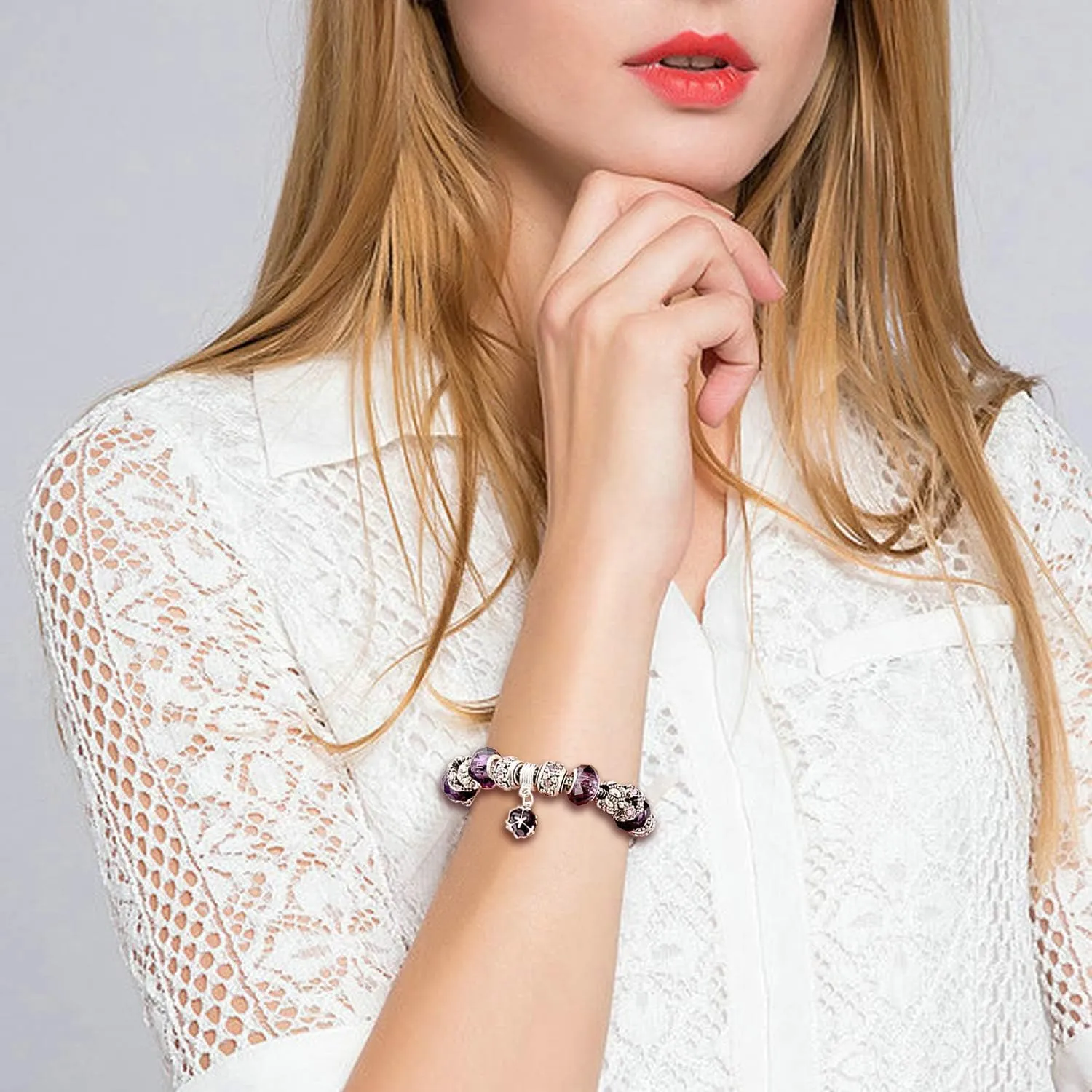 Charms Bracelet for Women Murano Glass Beads Flower Charms Amethyst Bracelets
