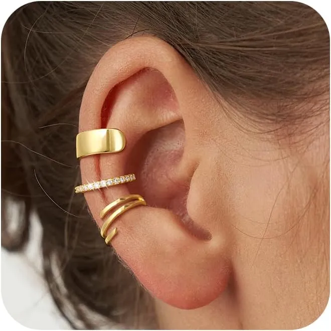 CHESKY 14K Gold Ear Cuffs Earrings for Women Huggie Hoop Earrings Non Piercing Gold Plated Cubic Zirconia Clip on Cartilage Earring Hypoallergenic Cute Ear Cuff Hoop Set Sparkle Trendy Jewelry