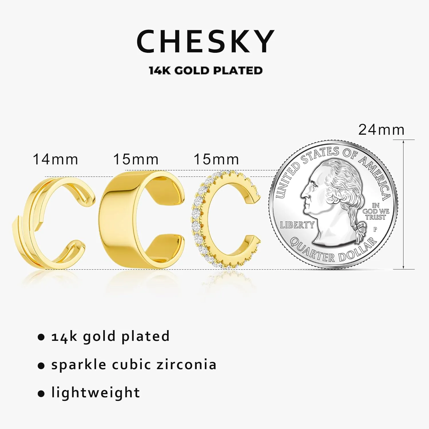 CHESKY 14K Gold Ear Cuffs Earrings for Women Huggie Hoop Earrings Non Piercing Gold Plated Cubic Zirconia Clip on Cartilage Earring Hypoallergenic Cute Ear Cuff Hoop Set Sparkle Trendy Jewelry