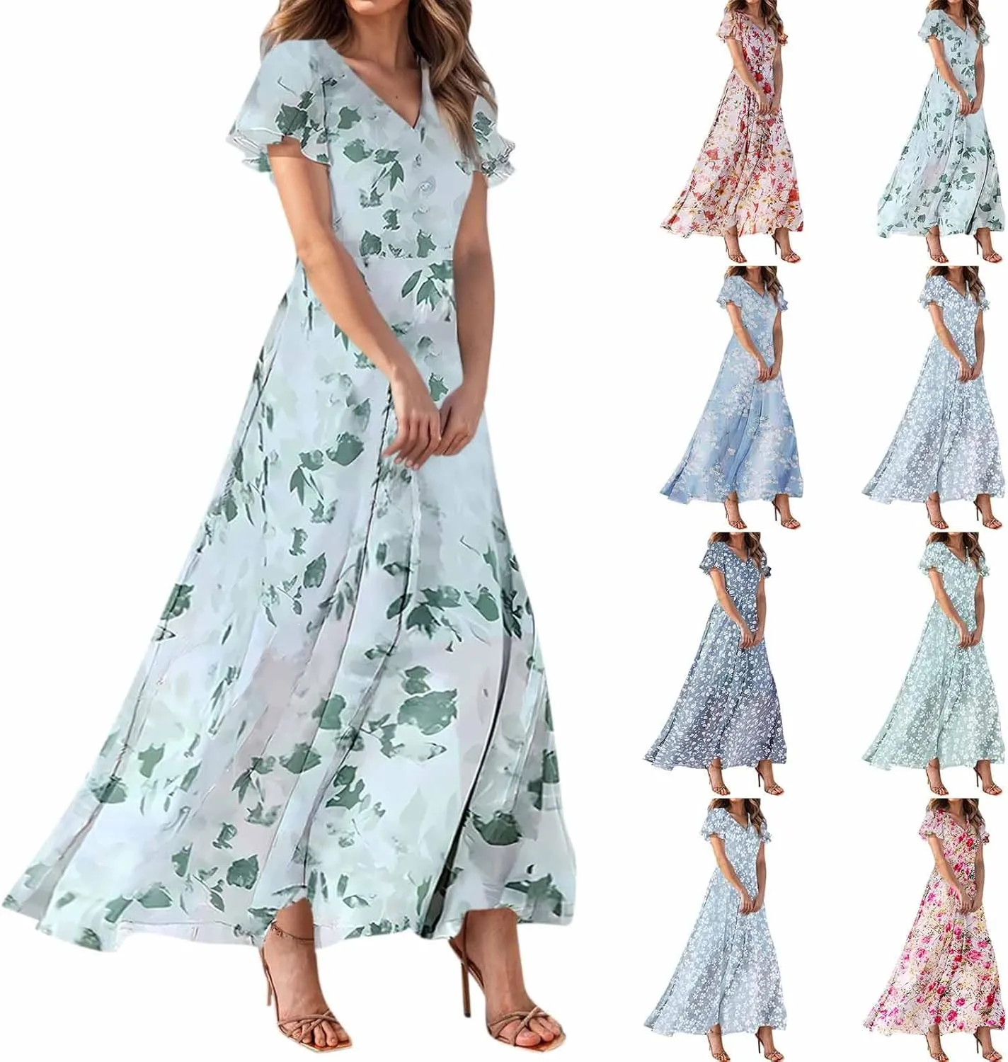 Chiffon Dress for Women Summer Bohemian Floral Printed Maxi Dresses Garden Party Swing Flowy Short Sleeve Dress