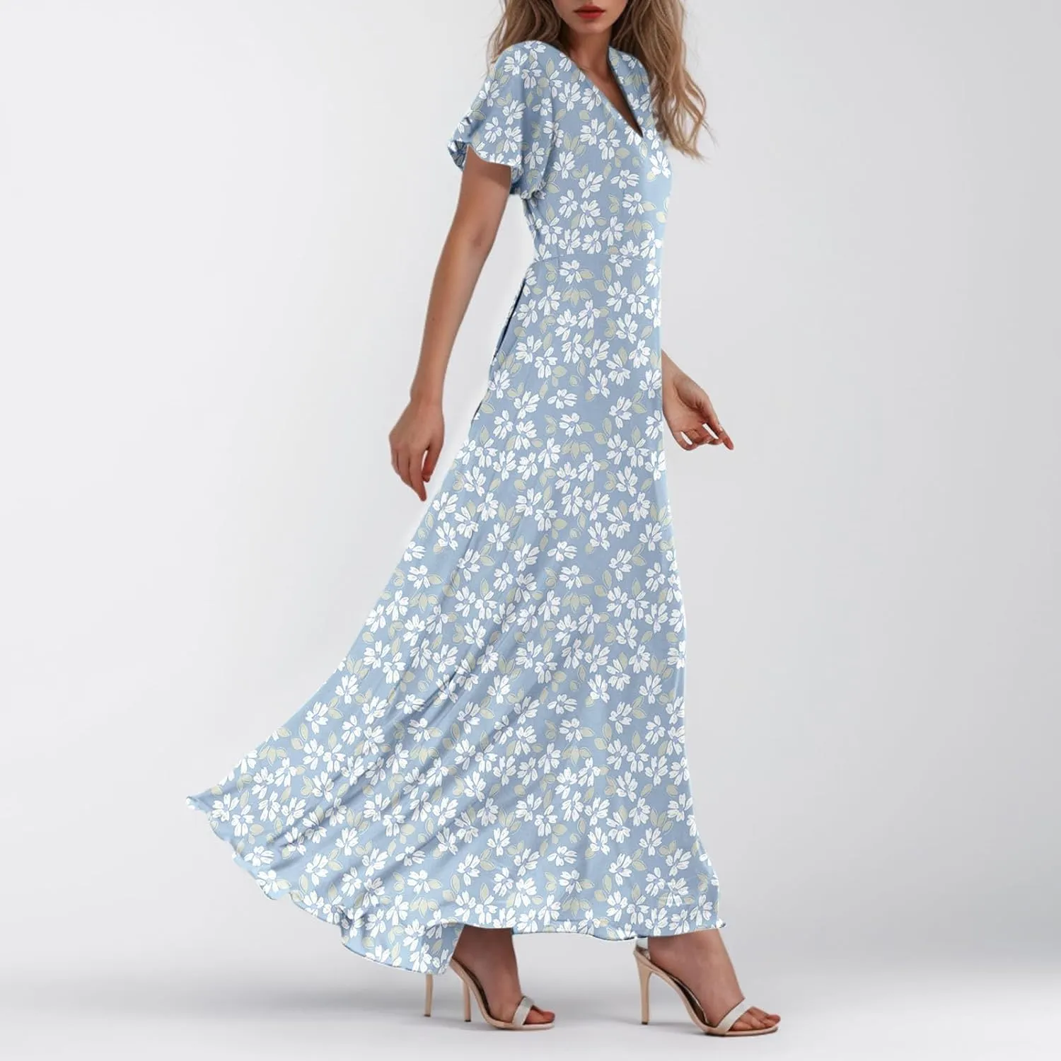 Chiffon Dress for Women Summer Bohemian Floral Printed Maxi Dresses Garden Party Swing Flowy Short Sleeve Dress