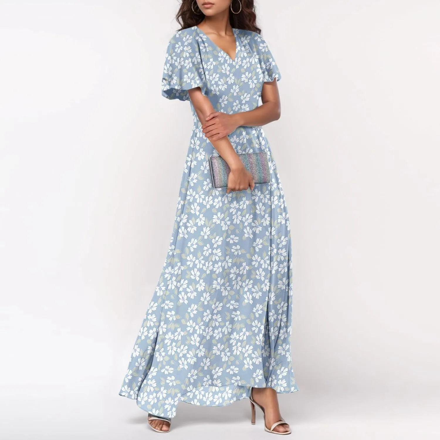 Chiffon Dress for Women Summer Bohemian Floral Printed Maxi Dresses Garden Party Swing Flowy Short Sleeve Dress