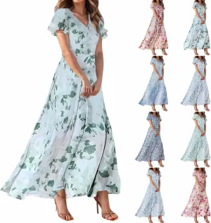 Chiffon Dress for Women Summer Bohemian Floral Printed Maxi Dresses Garden Party Swing Flowy Short Sleeve Dress