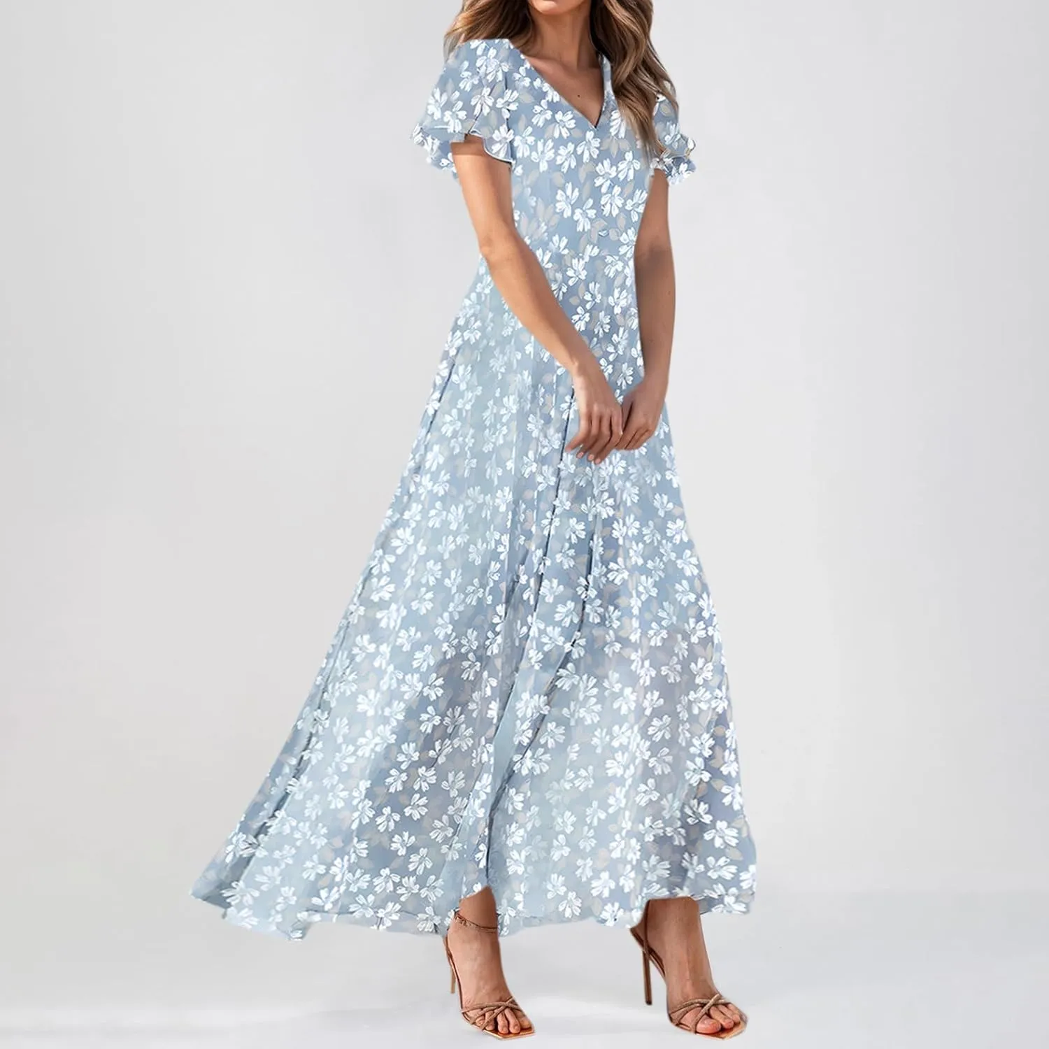 Chiffon Dress for Women Summer Bohemian Floral Printed Maxi Dresses Garden Party Swing Flowy Short Sleeve Dress