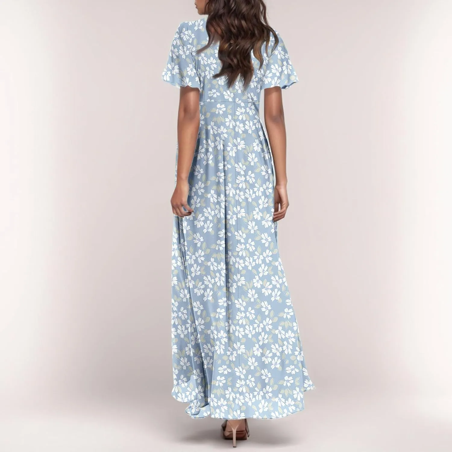 Chiffon Dress for Women Summer Bohemian Floral Printed Maxi Dresses Garden Party Swing Flowy Short Sleeve Dress
