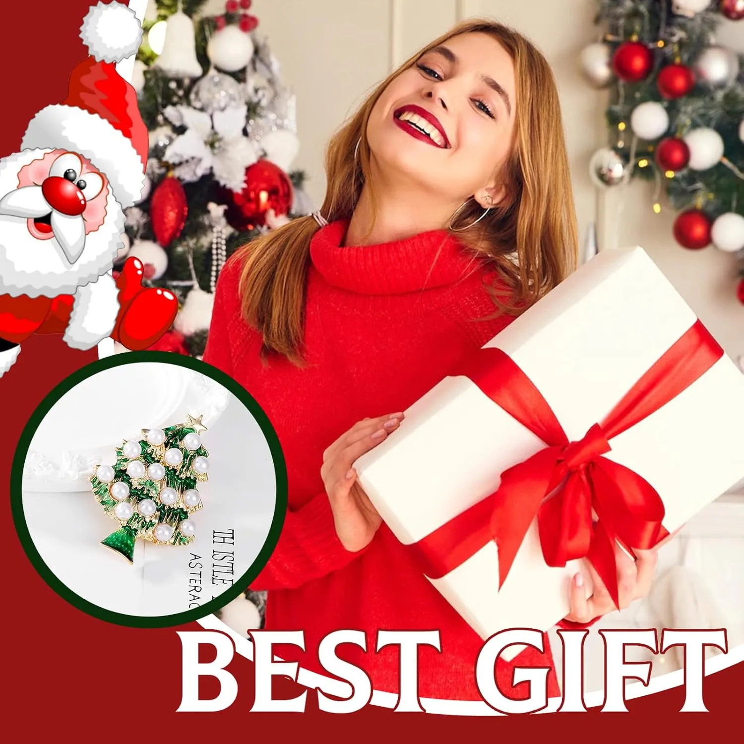 Christmas Brooches for Women Rhinestone Flower Christmas Pins Red Green Christmas Tree Pins Xmas Festival Party Brooch Pin Christmas Jewelry Gifts