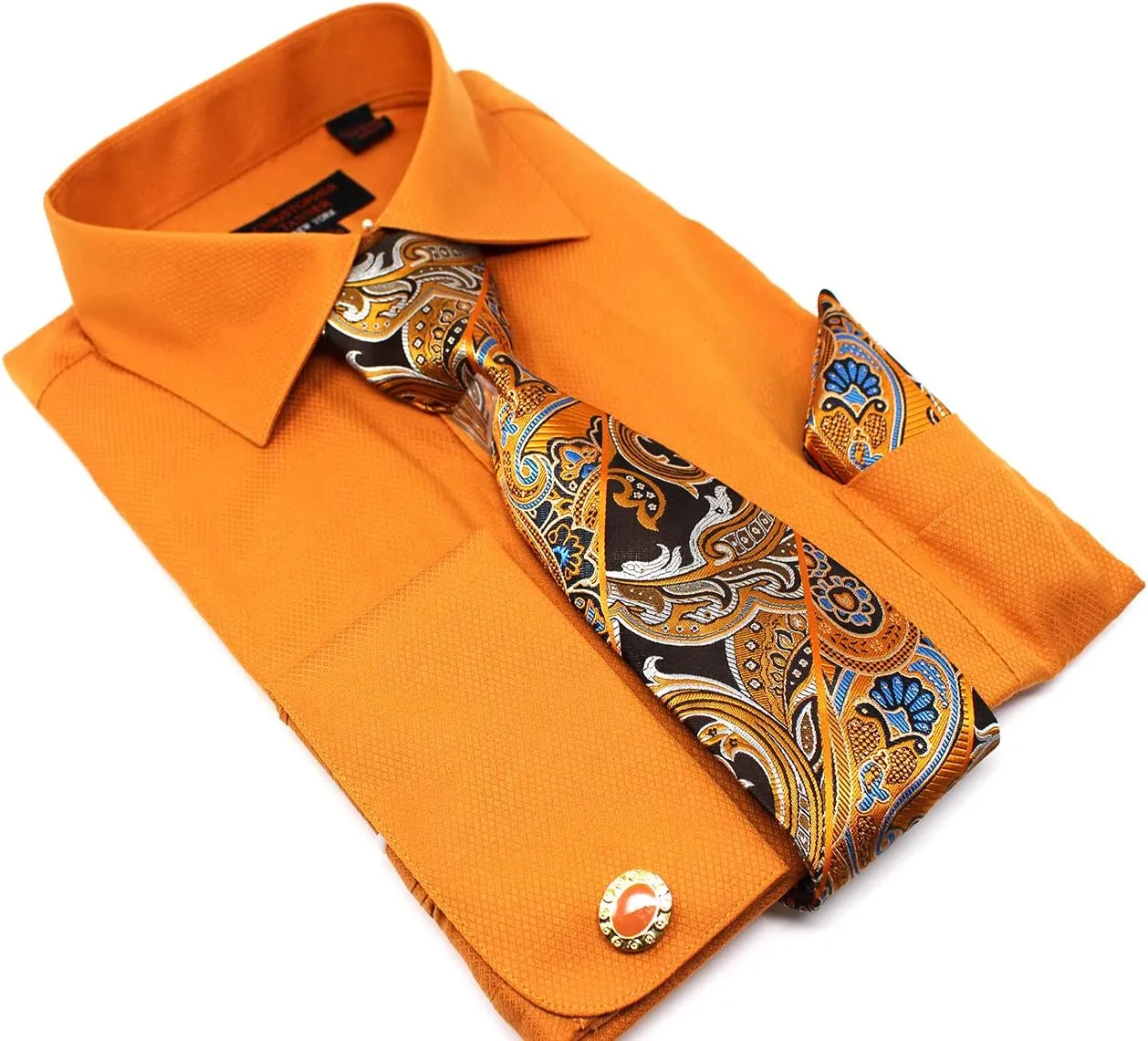 Christopher Tanner Men's Solid Micro Pattern Regular Fit French Cuffs Dress Shirts with Tie Hanky Cufflinks Combo