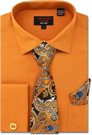 Christopher Tanner Men's Solid Micro Pattern Regular Fit French Cuffs Dress Shirts with Tie Hanky Cufflinks Combo
